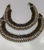 Gold Plated Handcrafted Black colour Anklets with Pearl & Kundan