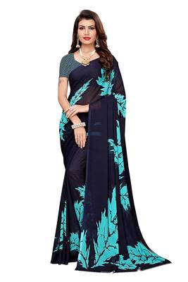 Blue printed georgette saree with blouse 1