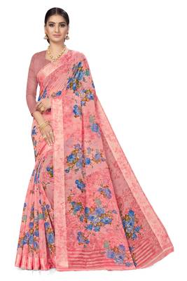 Pink woven cotton saree with blouse 1