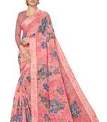 Pink woven cotton saree with blouse