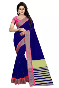 Blue Woven Cotton Saree With Blouse