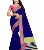 Blue Woven Cotton Saree With Blouse