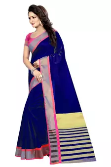 Blue Woven Cotton Saree With Blouse