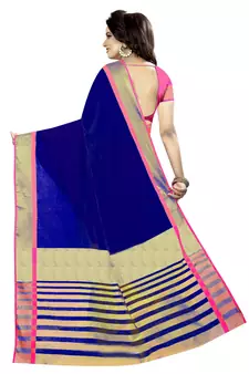 Blue Woven Cotton Saree With Blouse