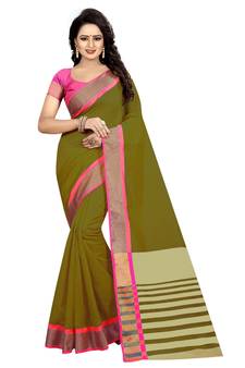 Green Woven Cotton Saree With Blouse