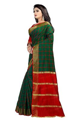 Green Woven Cotton Saree With Blouse 3