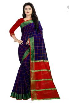 Blue Woven Cotton Saree With Blouse