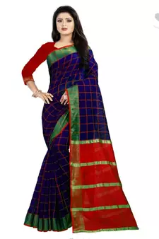 Blue Woven Cotton Saree With Blouse