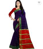 Blue Woven Cotton Saree With Blouse