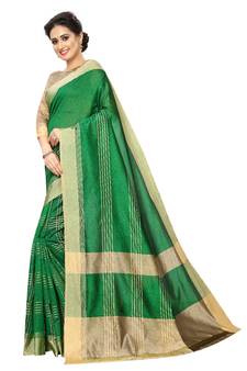 Green Woven Cotton Saree With Blouse