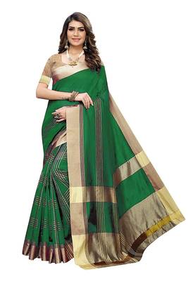 Green Woven Cotton Saree With Blouse 2