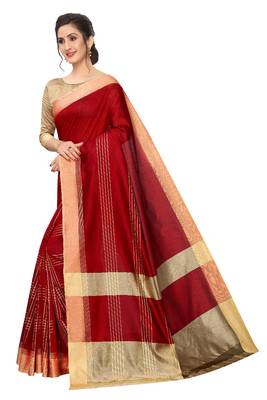 Red woven cotton saree with blouse 1