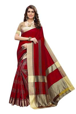 Red woven cotton saree with blouse 2