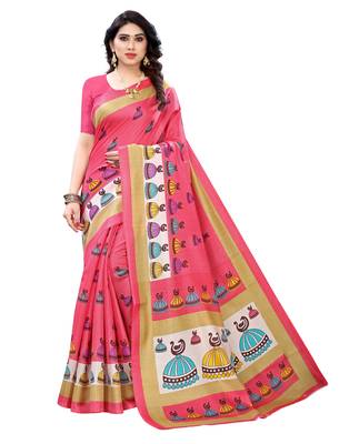 Peach printed art silk saree with blouse 1
