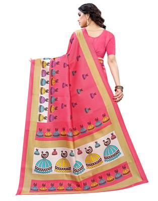 Peach printed art silk saree with blouse 2