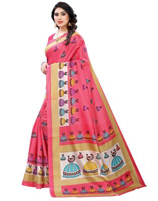 Peach printed art silk saree with blouse 3