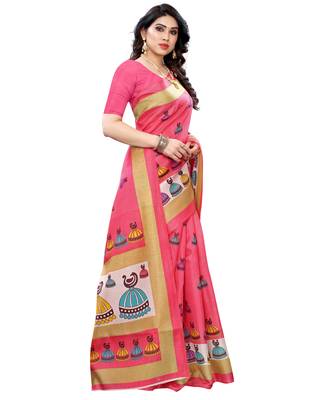 Peach printed art silk saree with blouse 4