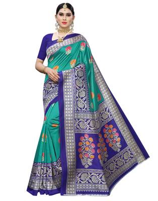 Green printed art silk saree with blouse 1