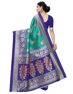 Green printed art silk saree with blouse 2