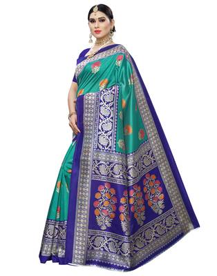 Green printed art silk saree with blouse 3