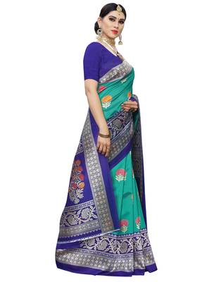 Green printed art silk saree with blouse 4