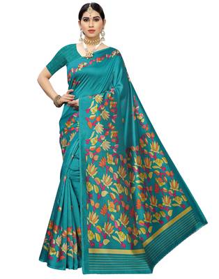 Green printed art silk saree with blouse 1