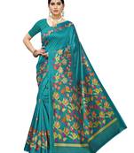Green printed art silk saree with blouse