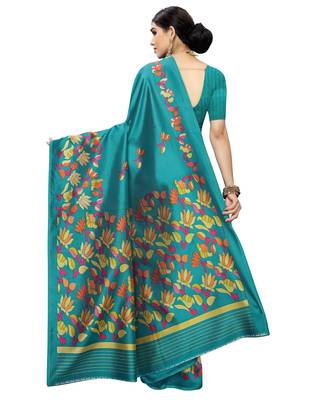 Green printed art silk saree with blouse 2
