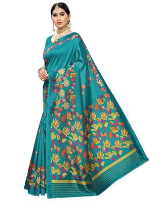 Green printed art silk saree with blouse 3