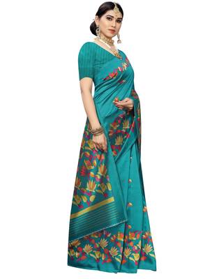 Green printed art silk saree with blouse 4