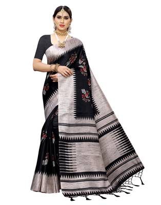 Black printed art silk saree with blouse 1