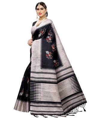 Black printed art silk saree with blouse 3