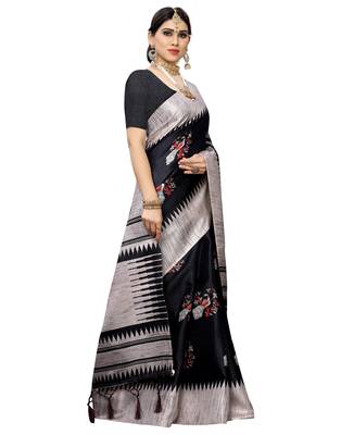 Black printed art silk saree with blouse 4