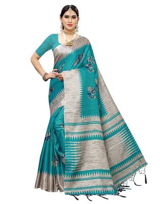 Green printed art silk saree with blouse 1