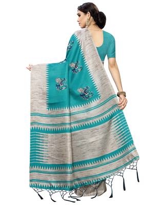 Green printed art silk saree with blouse 2