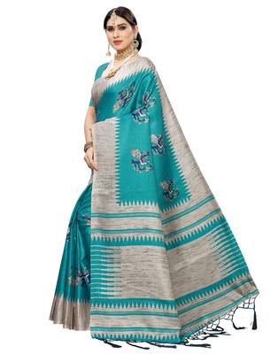 Green printed art silk saree with blouse 3