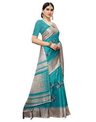 Green printed art silk saree with blouse 4