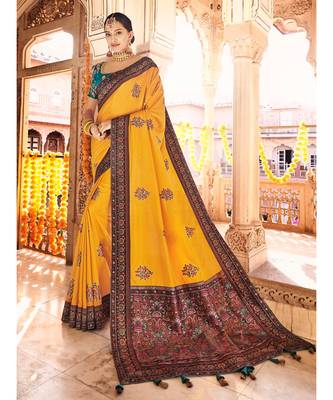 ochre yellow saree with kashmiri jacquard pallu and borders 1