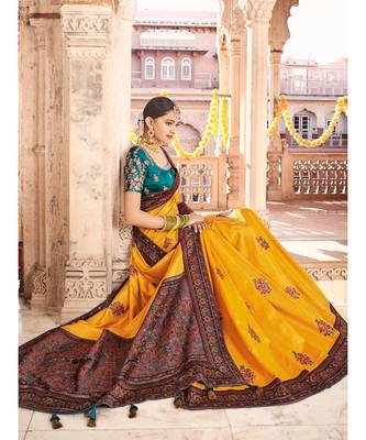 ochre yellow saree with kashmiri jacquard pallu and borders 2