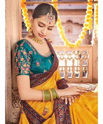 ochre yellow saree with kashmiri jacquard pallu and borders 3
