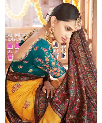 ochre yellow saree with kashmiri jacquard pallu and borders 4