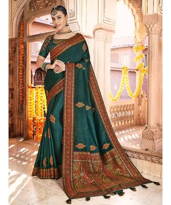 peacock blue saree with kashmiri jacquard pallu and borders 1