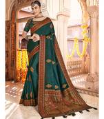 peacock blue saree with kashmiri jacquard pallu and borders