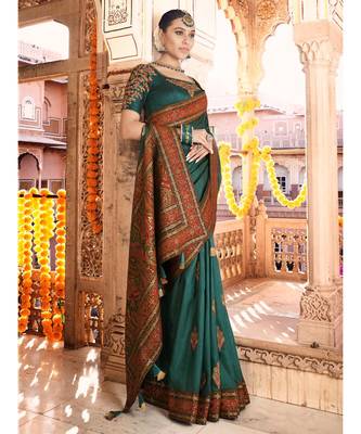 peacock blue saree with kashmiri jacquard pallu and borders 2