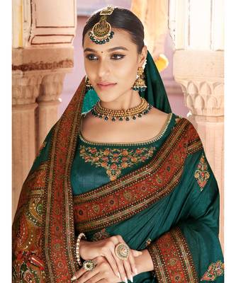 peacock blue saree with kashmiri jacquard pallu and borders 3