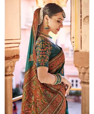 peacock blue saree with kashmiri jacquard pallu and borders 4