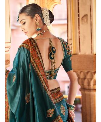 peacock blue saree with kashmiri jacquard pallu and borders 5