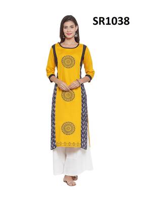 Mustard Printed Viscose Round Neck kurti 1