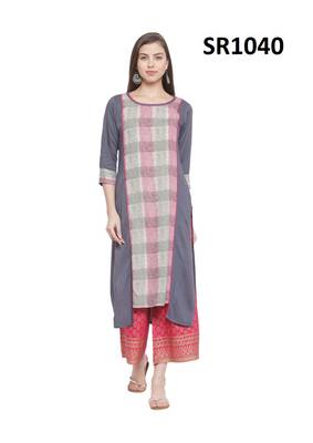 Grey Printed Viscose Round Neck kurti 1