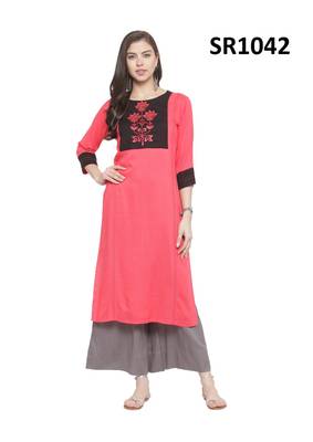 Pink Printed Viscose Round Neck kurti 1